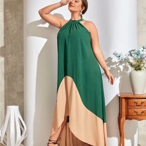 SHEIN Green and Tan High Low Dress
